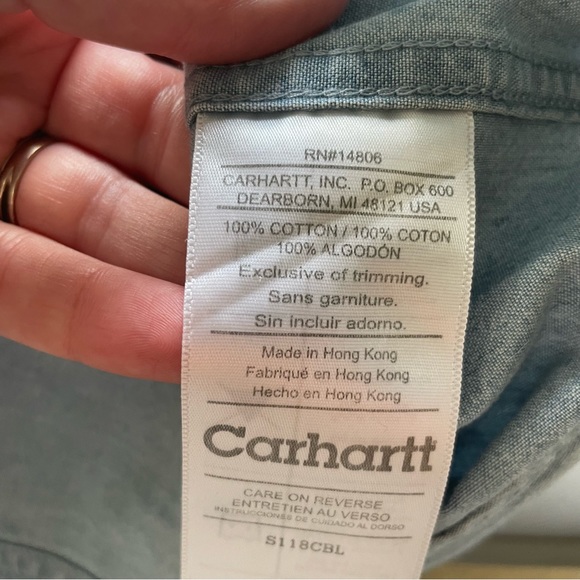 Carhartt Button Down Shirt short Sleeve Chambray 2 Chest Pockets Blue L - Picture 7 of 10